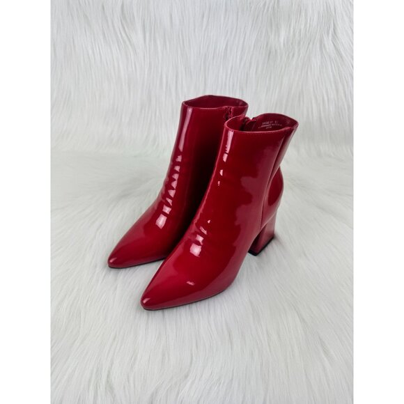Women's Bamboo Red Faux Patent Leather Chunky Block Heel Ankle Bootie - Picture 11 of 11